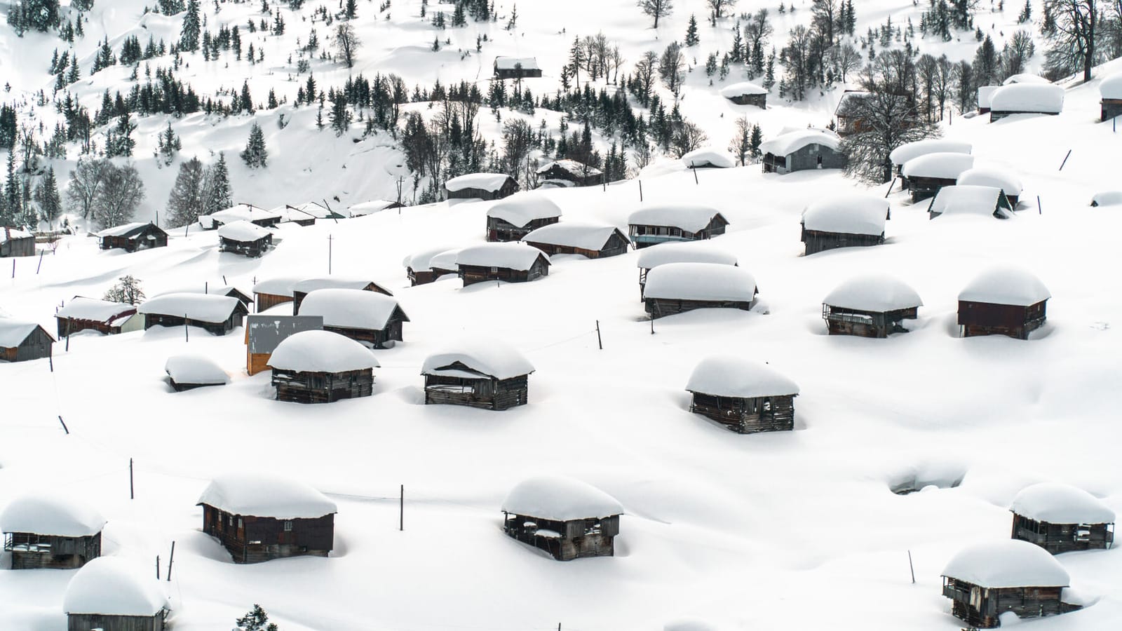 Snow-buried wooden huts seen from above
